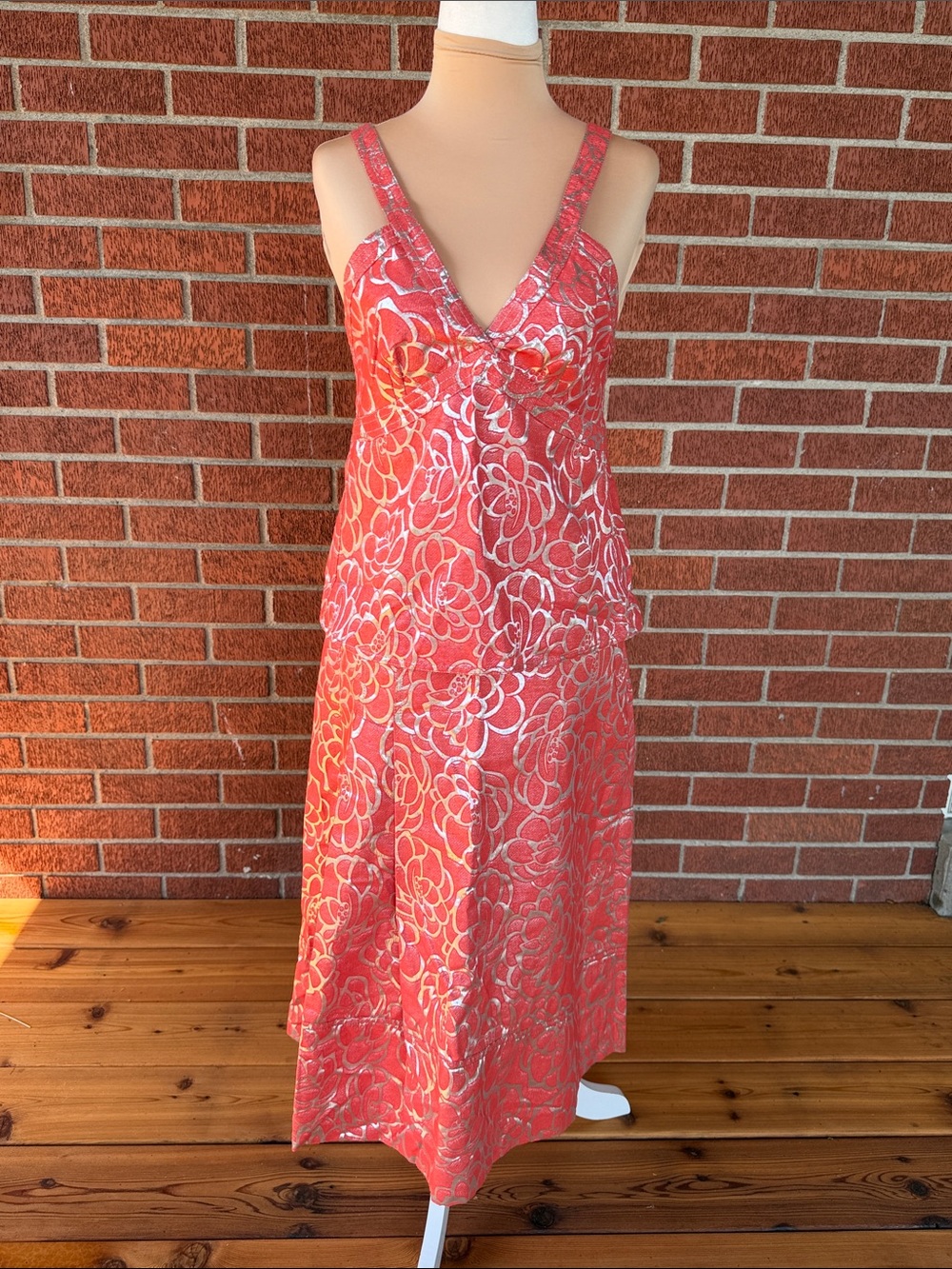 Vintage Cacharel Women’s Top and Skirt Coral & Metallic Silver